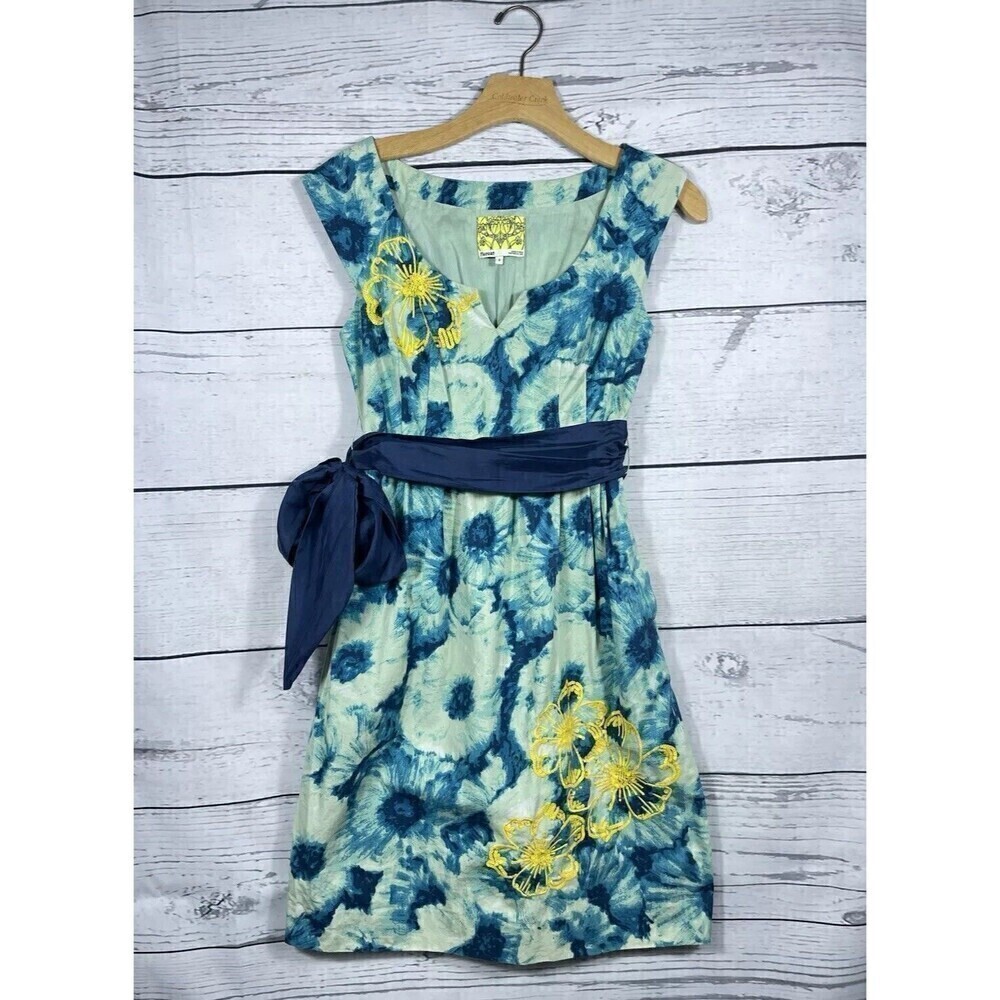Floreat Anthropologie Women Size 4 Blue Dress Floral Poppies Shift Belt (30-488)